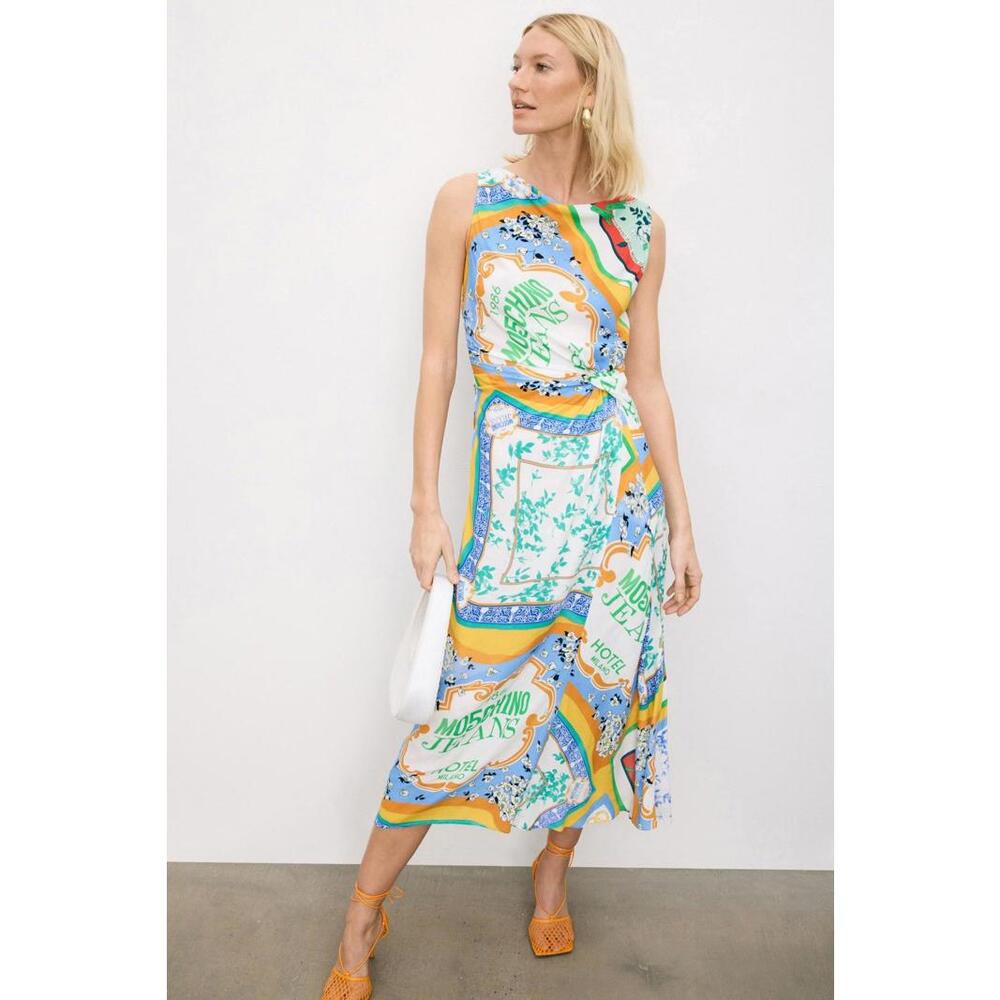 Moschino Multicolored Crêpe Scarf Print Jeans Dress Size 8 with Small Stains